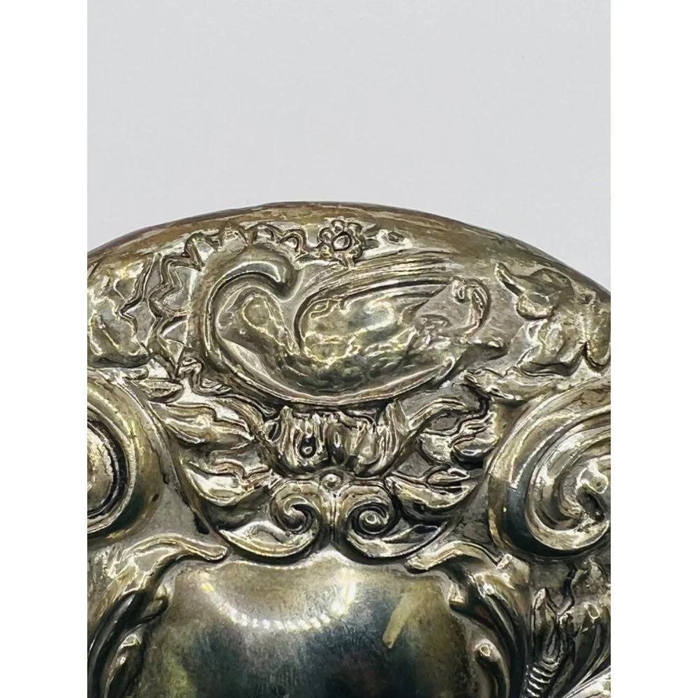 Antique Silver Plated Vanity Mirror, Embossed Handheld Mirror